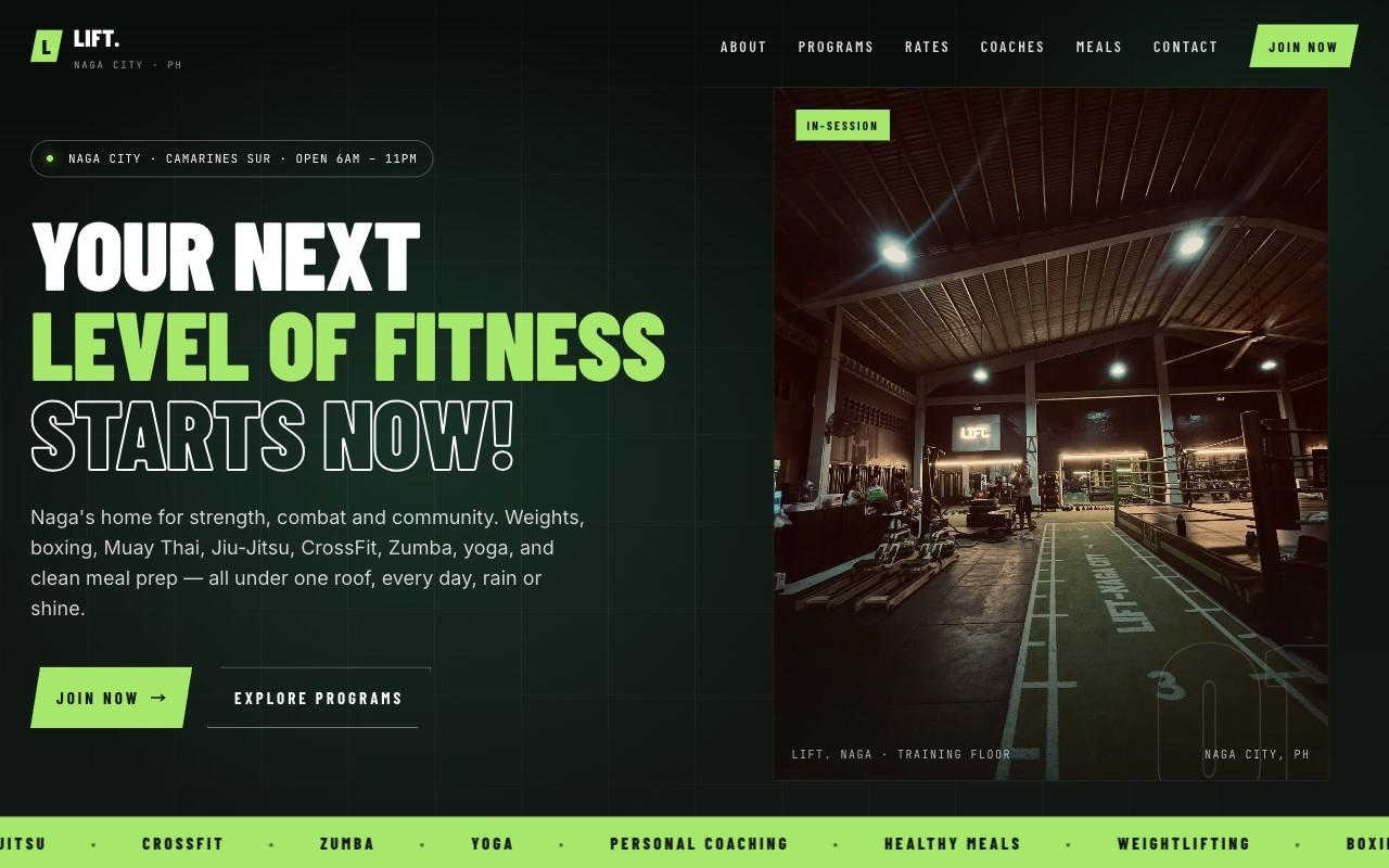 LIFT. Naga Gym Website homepage
