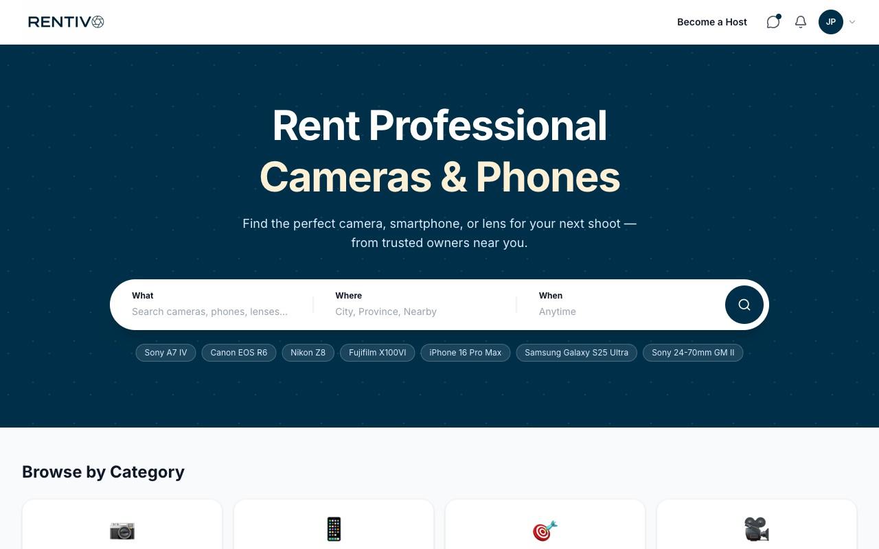 Rentivo — Gear Rental Marketplace homepage